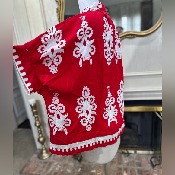 Umgee Red White Folk Print Button Front Boxy Top Cottagecore Boho Size Large - Picture 4 of 12